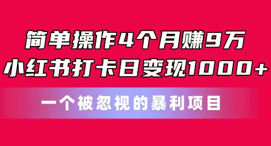 简单操作4个月赚9w,小红书打卡日变现1k,一个被忽视的暴力项目